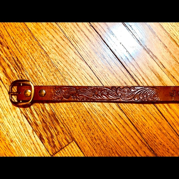 BROWN LEATHER TOOLED BELT ‘JOHN WAYNE’ SIZE 30” UNISEX VINTAGE HANDMADE HANDCRAF - Picture 6 of 11
